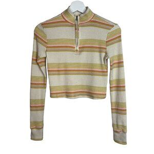 SO Waffle Knit Mock Neck Quarter Zip Top Small Tan Orange Stripe